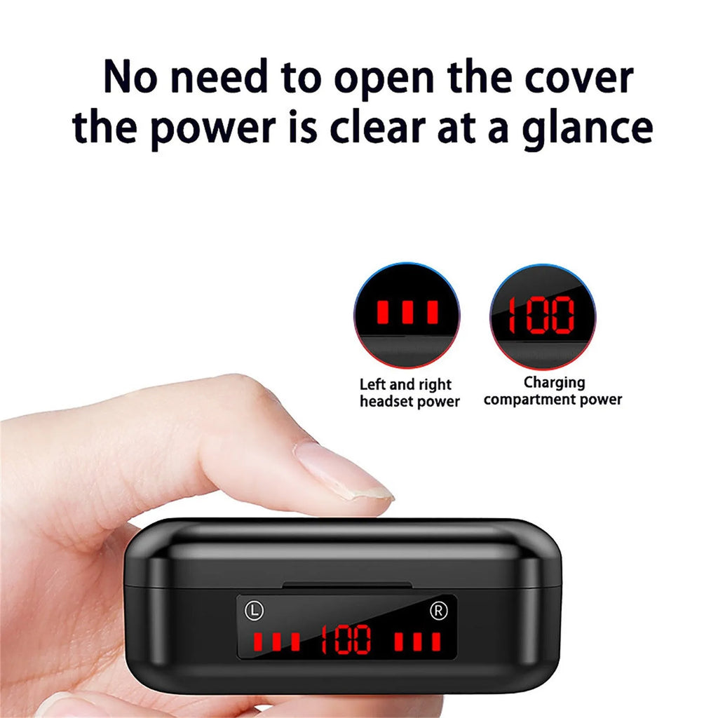 V7 LED button version wireless Bluetooth TWS earbuds with charging case and three ear tip sizes.