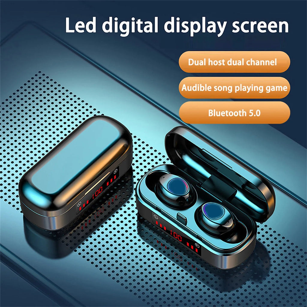 V7 LED button version wireless Bluetooth TWS earbuds with charging case and three ear tip sizes.