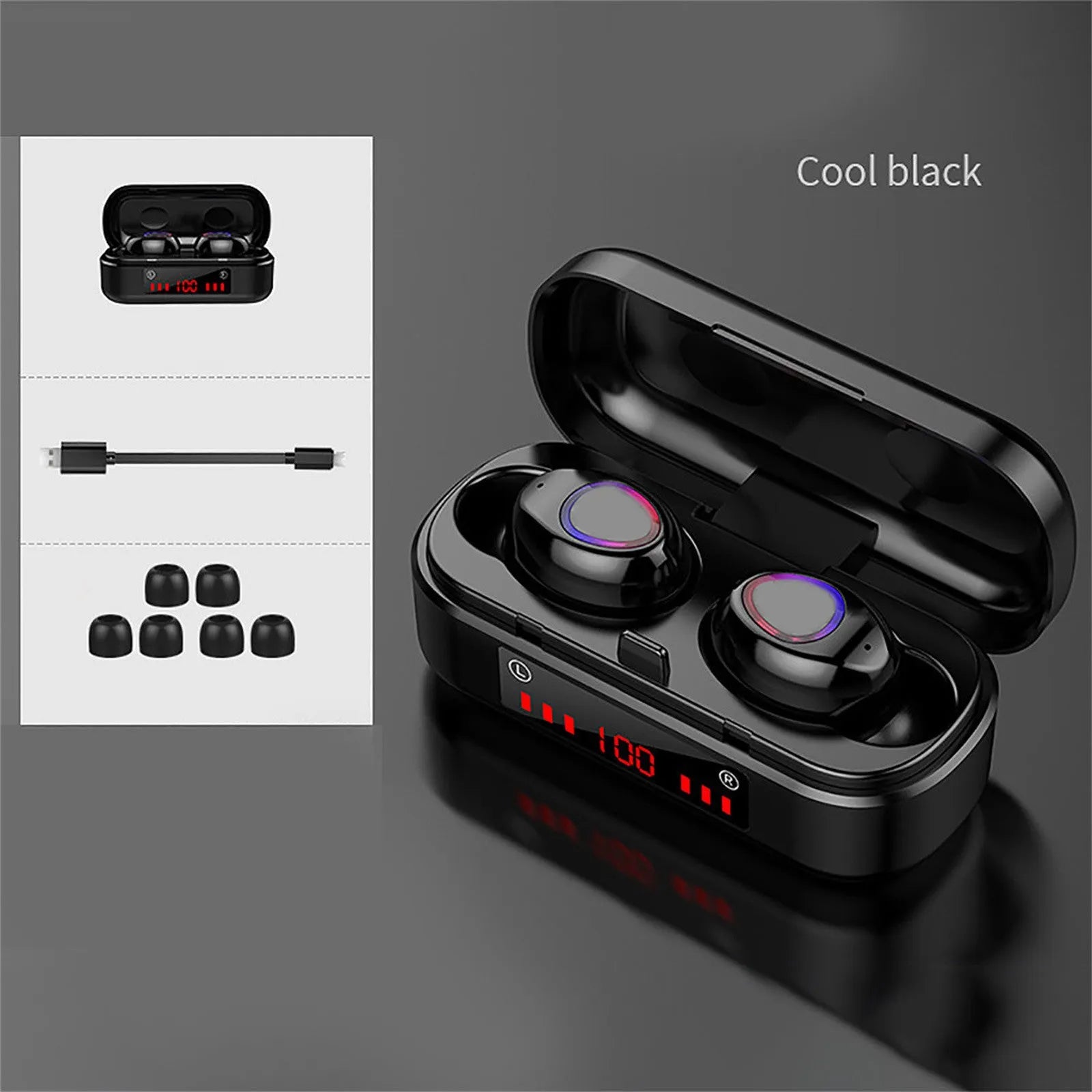 V7 LED button version wireless Bluetooth TWS earbuds with charging case and three ear tip sizes.