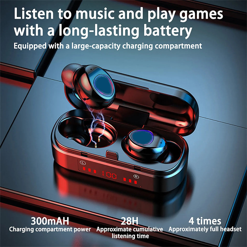 V7 LED button version wireless Bluetooth TWS earbuds with charging case and three ear tip sizes.