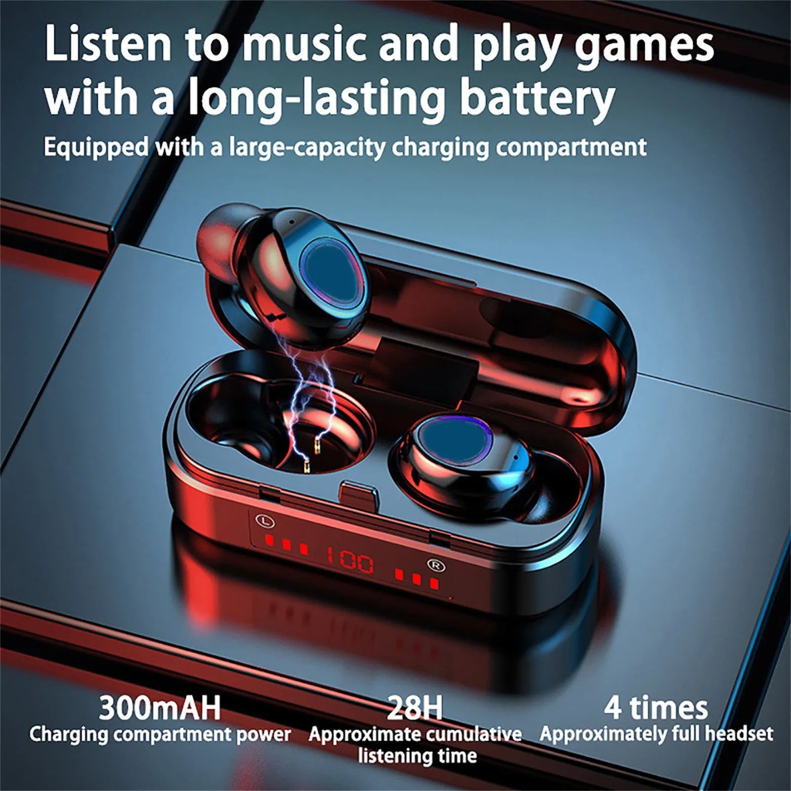 V7 LED button version wireless Bluetooth TWS earbuds with charging case and three ear tip sizes.