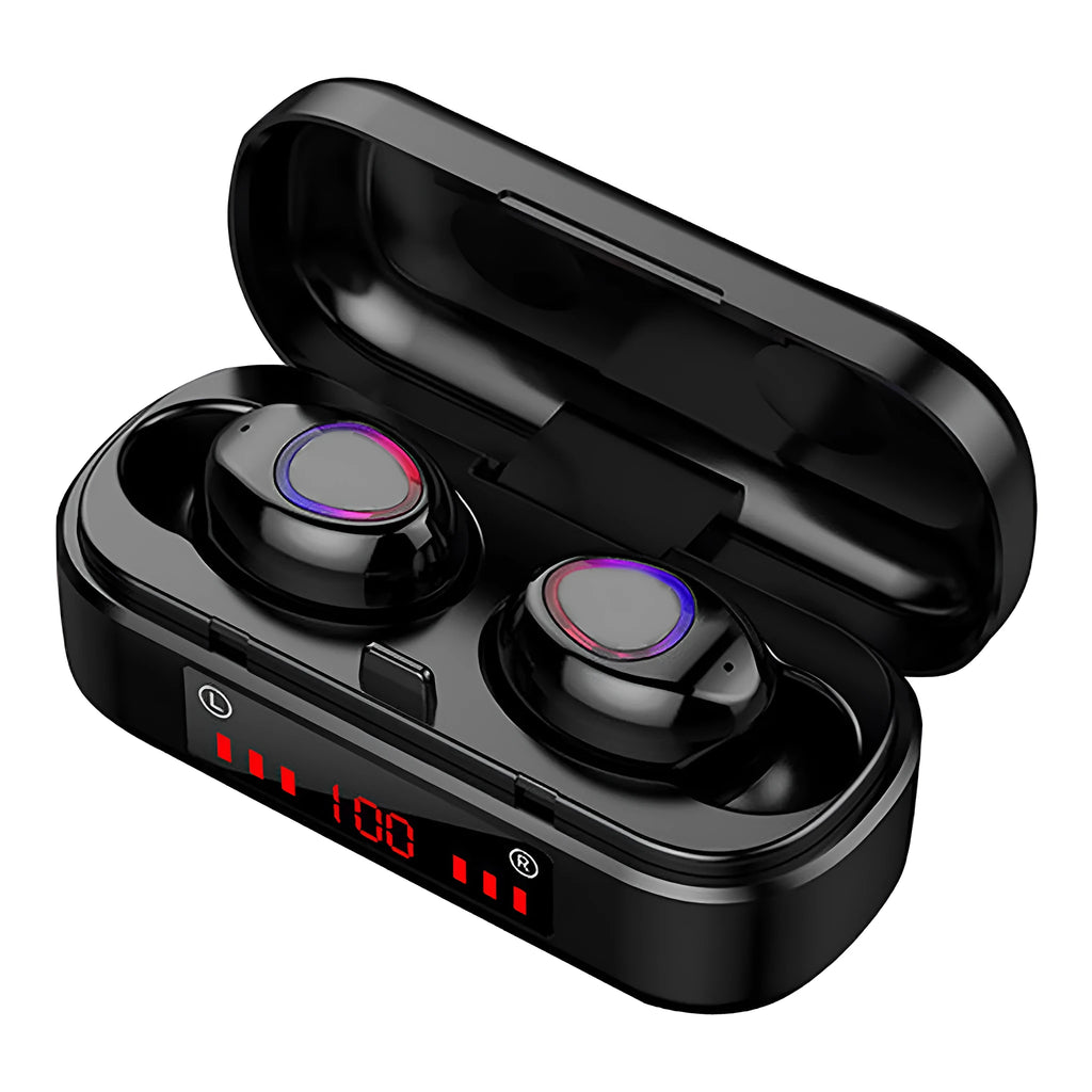 V7 LED button version wireless Bluetooth TWS earbuds with charging case and three ear tip sizes.