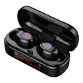V7 LED button version wireless Bluetooth TWS earbuds with charging case and three ear tip sizes.