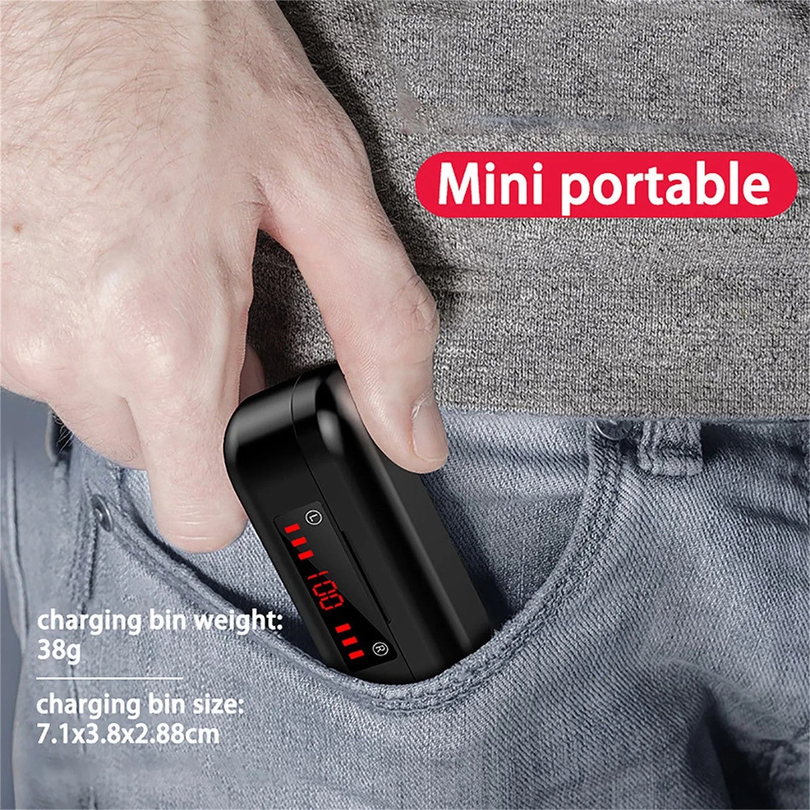 V7 LED button version wireless Bluetooth TWS earbuds with charging case and three ear tip sizes.