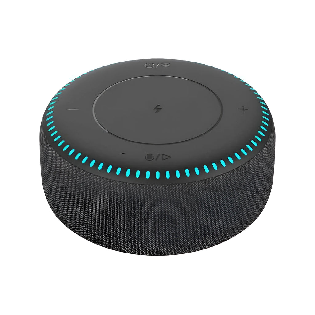 Black Bluetooth speaker with wireless charging surface and white noise function