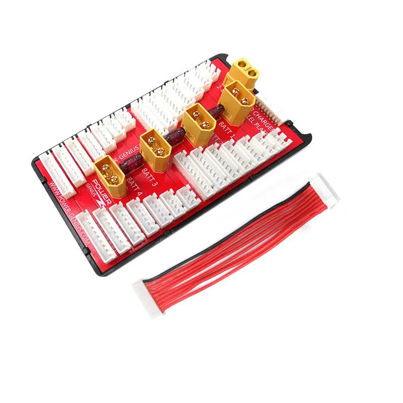 V2 parallel charging board for RC LiPo batteries with multiple T plug ports and balance leads.