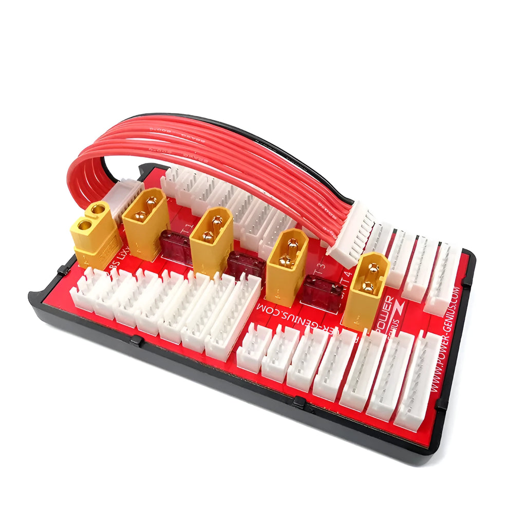 V2 parallel charging board for RC LiPo batteries with multiple T plug ports and balance leads.