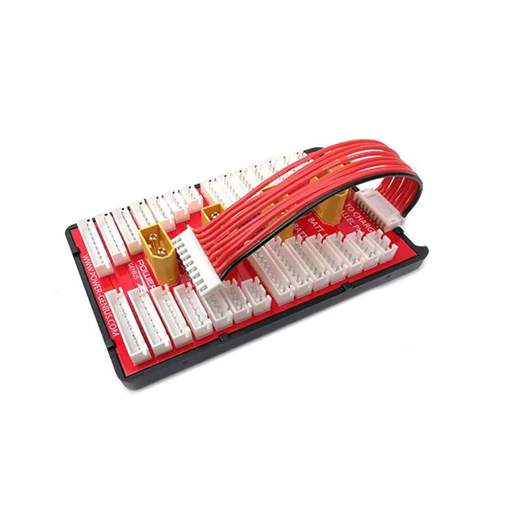 V2 parallel charging board for RC LiPo batteries with multiple T plug ports and balance leads.