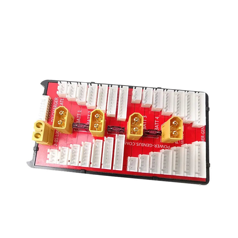 V2 parallel charging board for RC LiPo batteries with multiple T plug ports and balance leads.