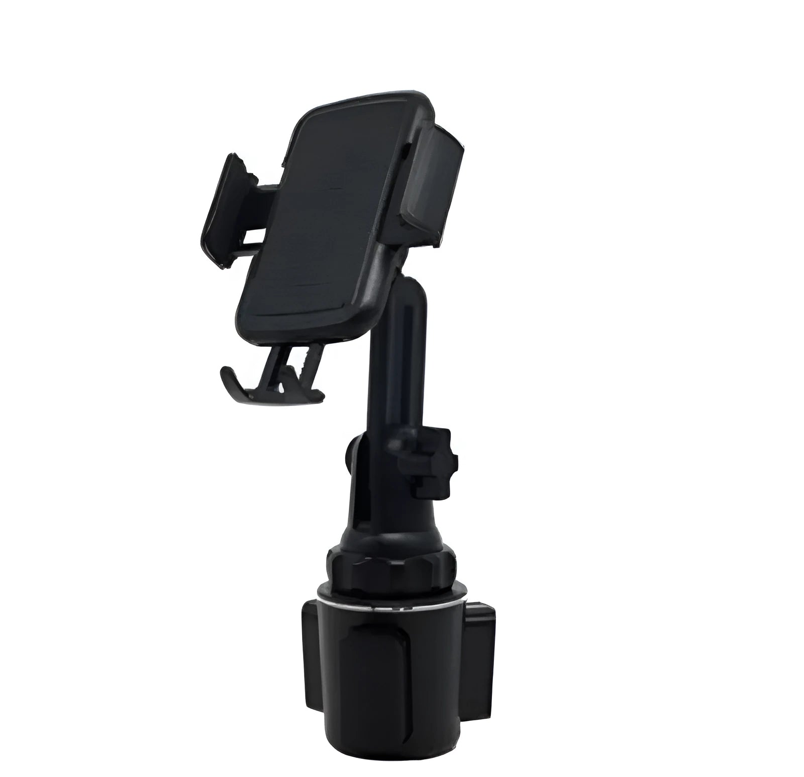 Black ABS car phone and tablet holder with 360-degree rotating head on a dashboard.