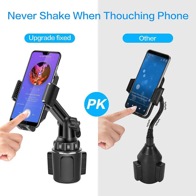 Black ABS car phone and tablet holder with 360-degree rotating head on a dashboard.