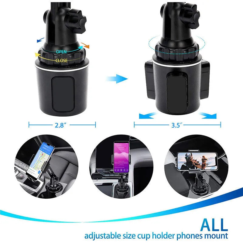 Black ABS car phone and tablet holder with 360-degree rotating head on a dashboard.