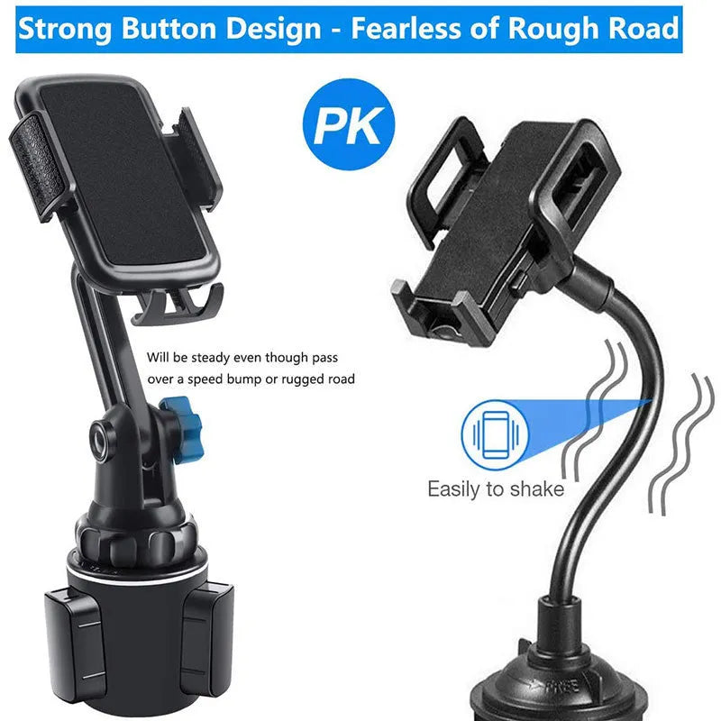Black ABS car phone and tablet holder with 360-degree rotating head on a dashboard.