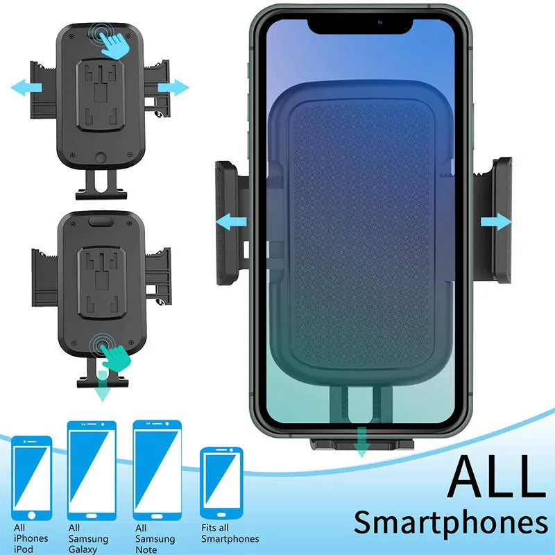 Black ABS car phone and tablet holder with 360-degree rotating head on a dashboard.
