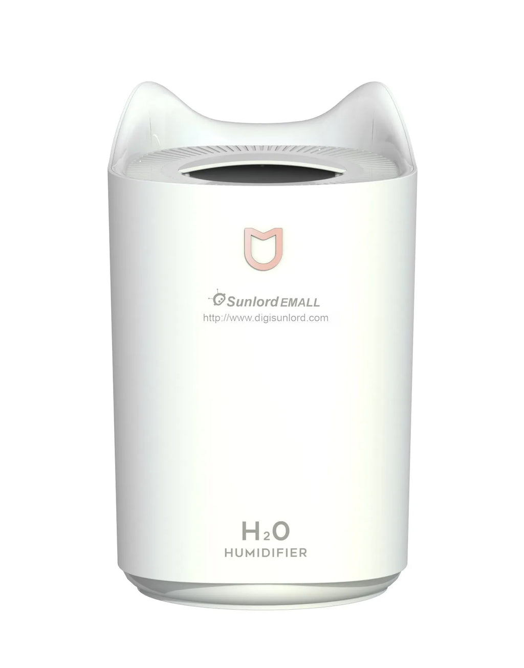 A coral pink and white USB-powered double spray humidifier and aroma diffuser on a table.