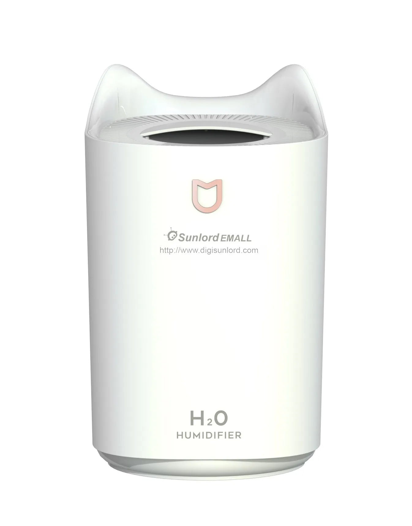 A coral pink and white USB-powered double spray humidifier and aroma diffuser on a table.