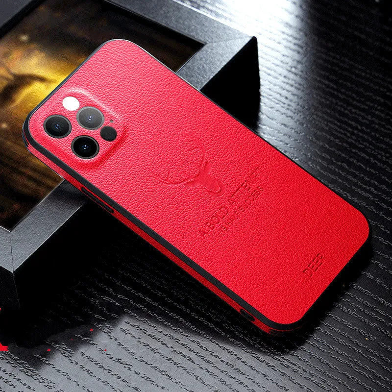 Square frame luxury leather texture iPhone case in orange, red, black, blue or brown colour