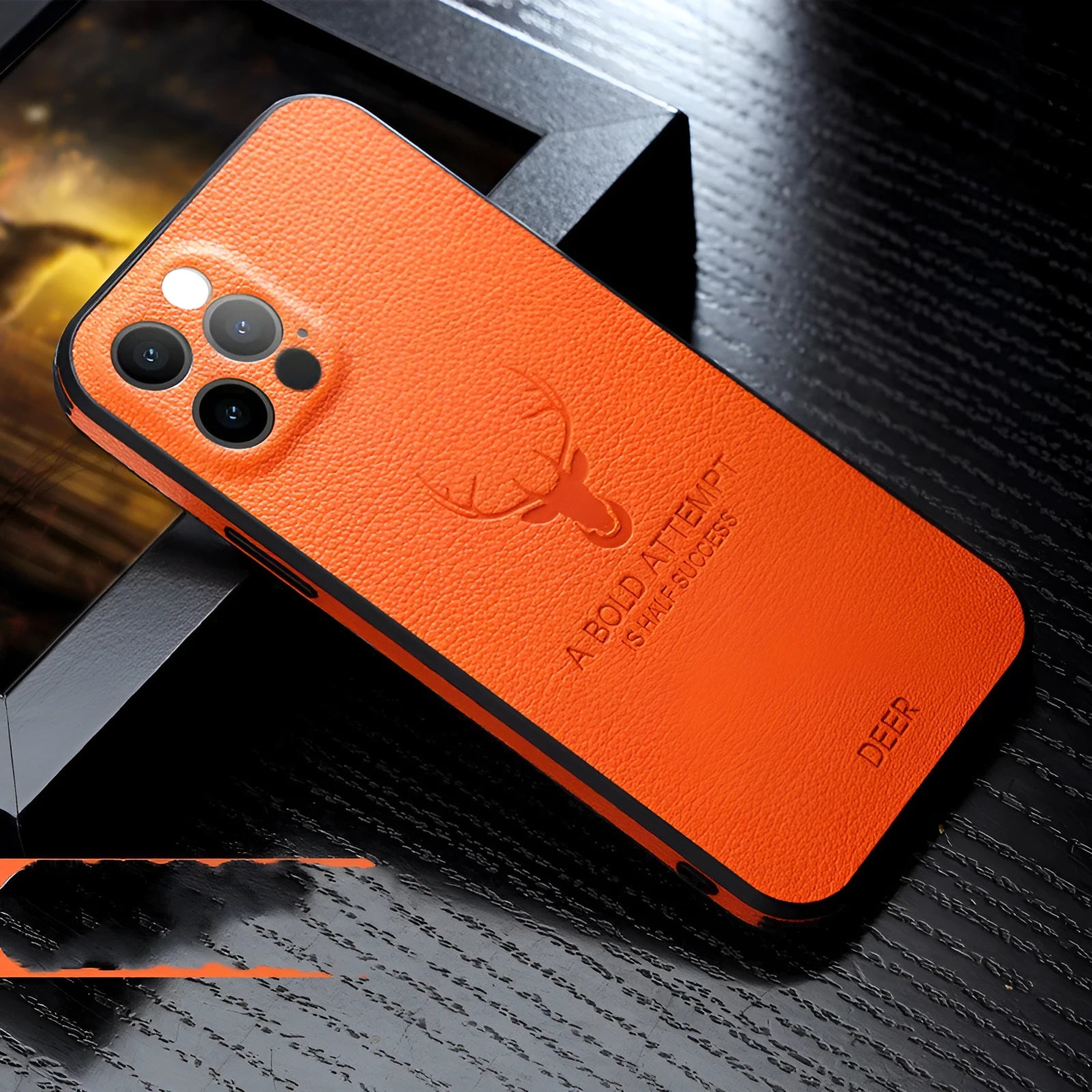 Square frame luxury leather texture iPhone case in orange, red, black, blue or brown colour