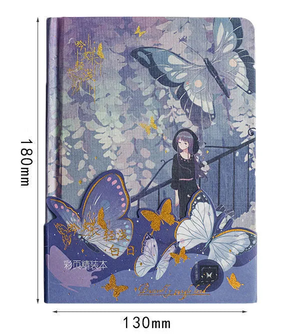 A5 hardcover notebook with butterfly-themed art cover and open colour pages.