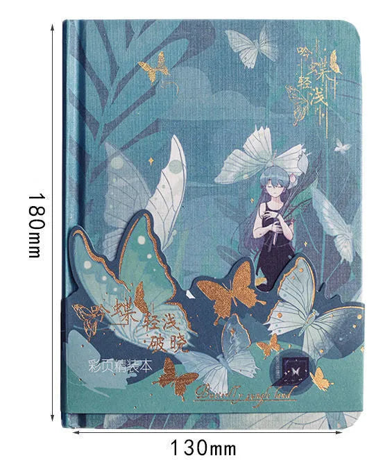 A5 hardcover notebook with butterfly-themed art cover and open colour pages.