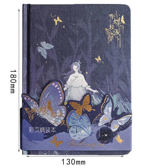 A5 hardcover notebook with butterfly-themed art cover and open colour pages.