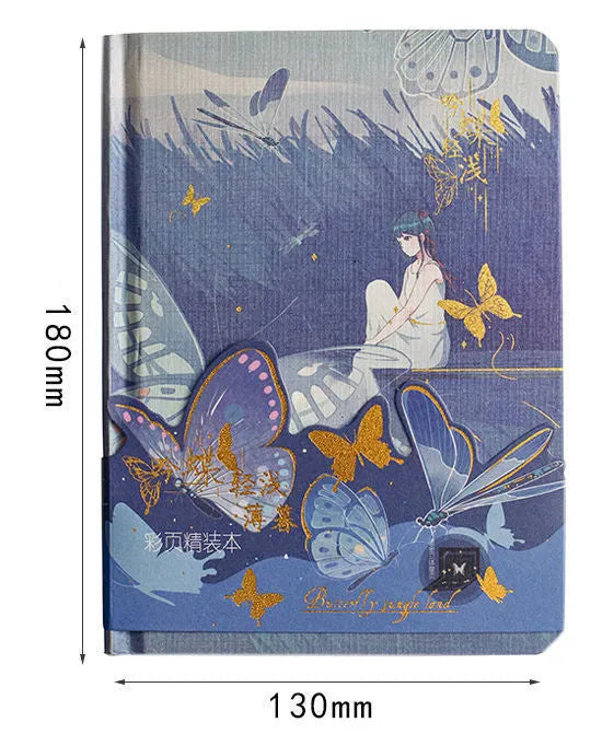 A5 hardcover notebook with butterfly-themed art cover and open colour pages.