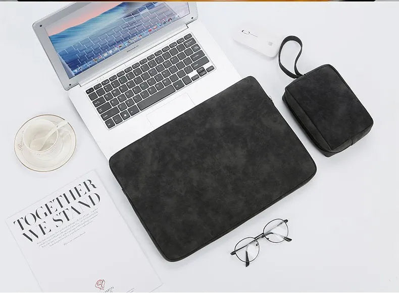 Flat Black PU leather laptop sleeve case with a soft handle and zipper closure.