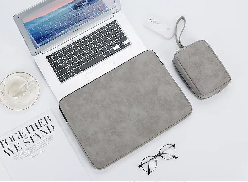 Flat Black PU leather laptop sleeve case with a soft handle and zipper closure.