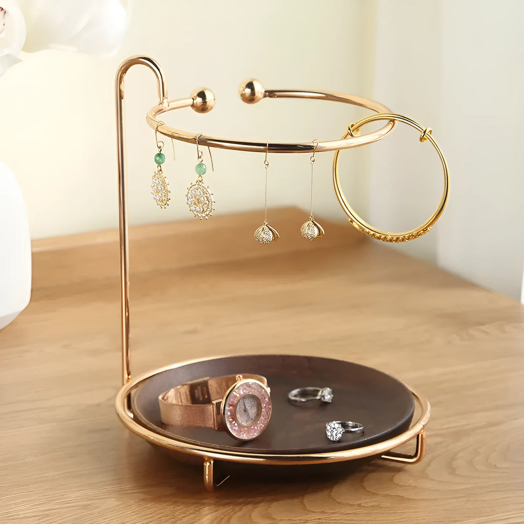 Walnut solid wood jewellery key rack with storage tray measuring 21cm by 16.5cm