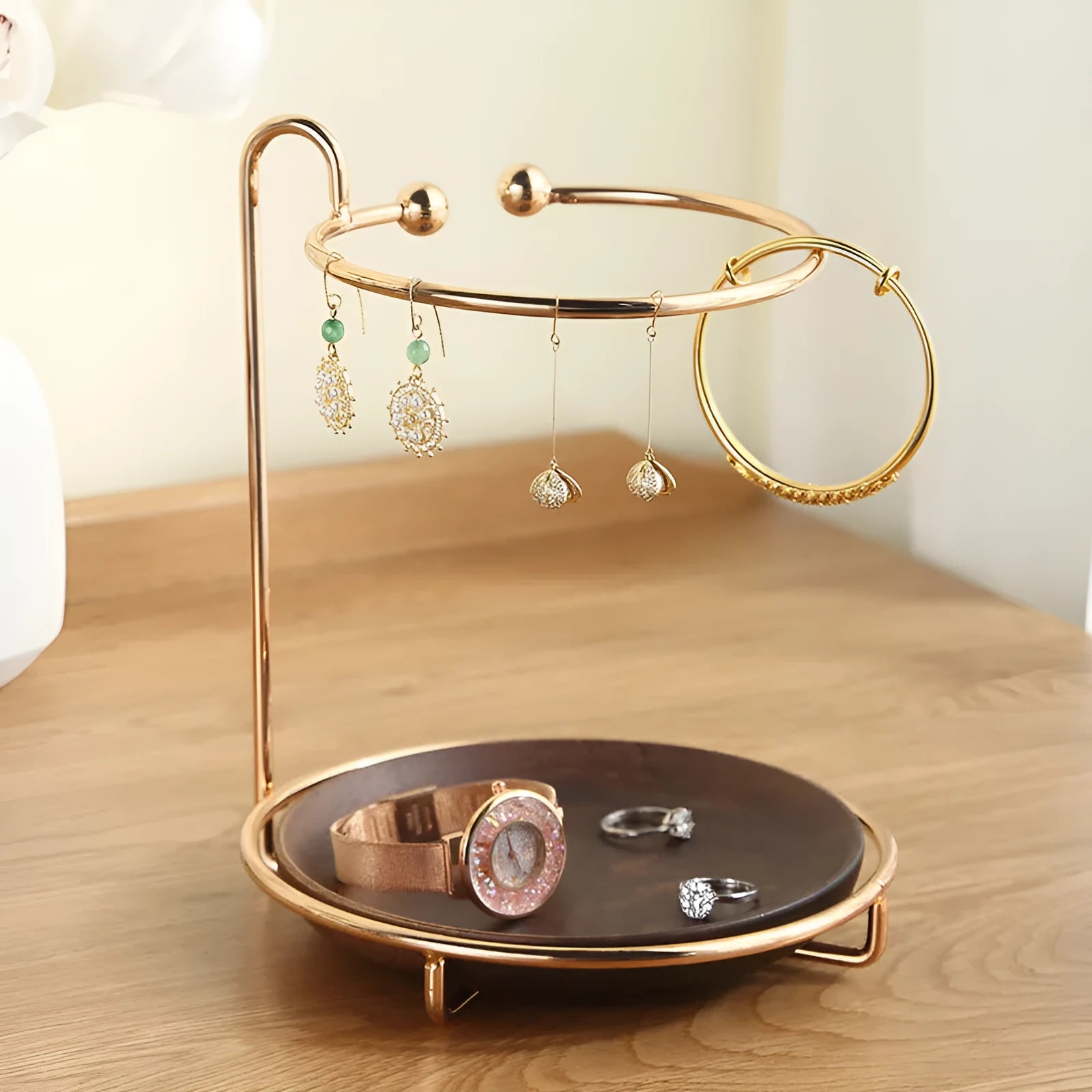 Walnut solid wood jewellery key rack with storage tray measuring 21cm by 16.5cm
