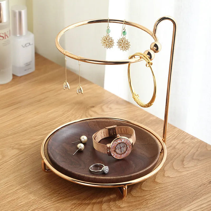 Walnut solid wood jewellery key rack with storage tray measuring 21cm by 16.5cm