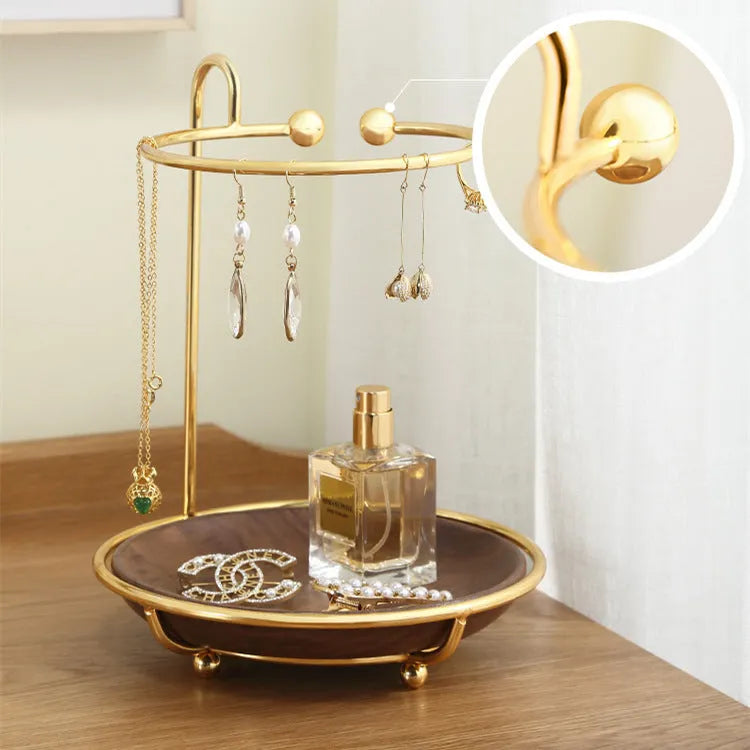 Walnut solid wood jewellery key rack with storage tray measuring 21cm by 16.5cm