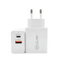 Black and white 18W USB-C PD fast wall charger with US and EU plug options.