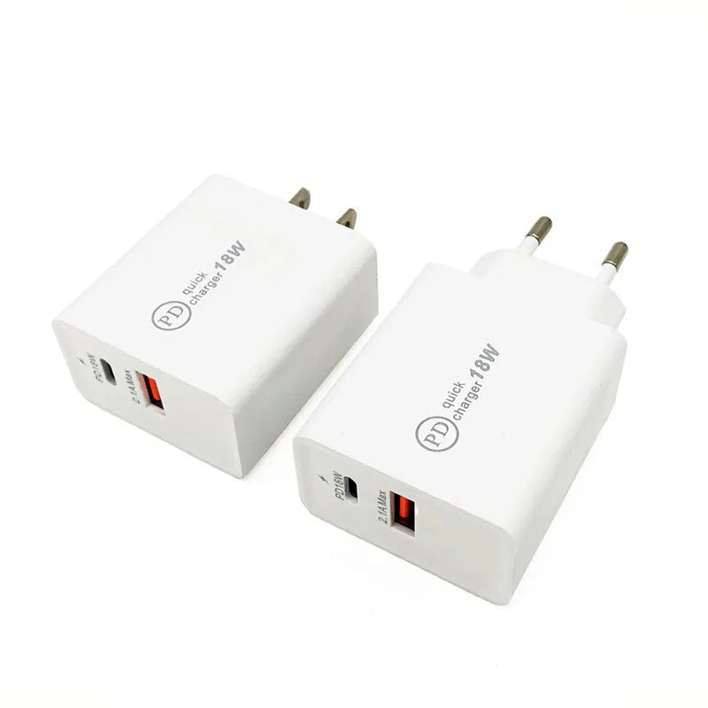Black and white 18W USB-C PD fast wall charger with US and EU plug options.