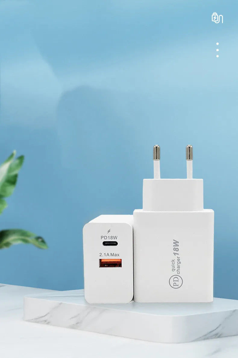 Black and white 18W USB-C PD fast wall charger with US and EU plug options.