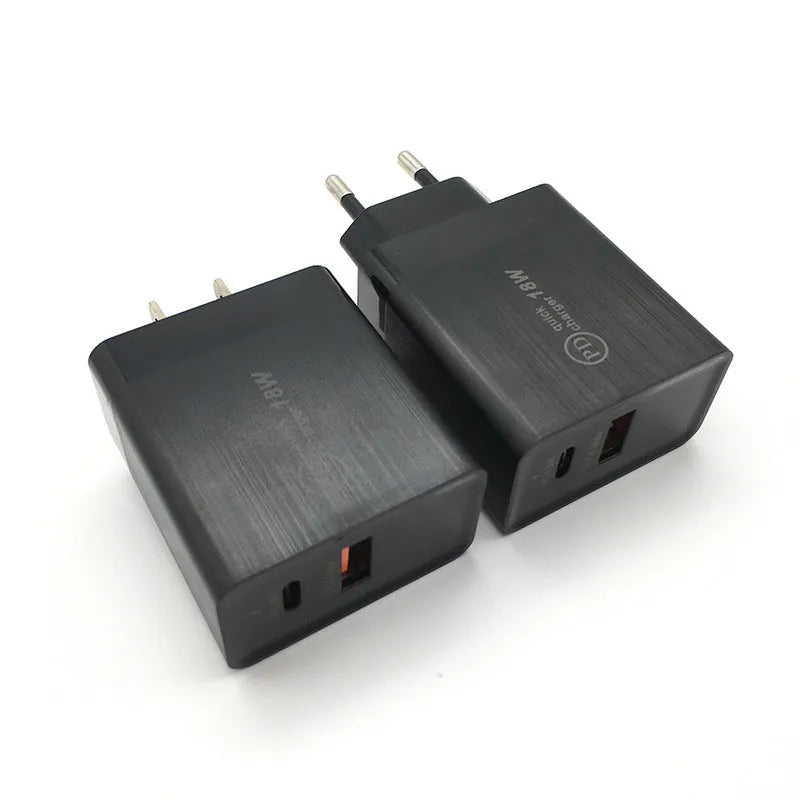 Black and white 18W USB-C PD fast wall charger with US and EU plug options.