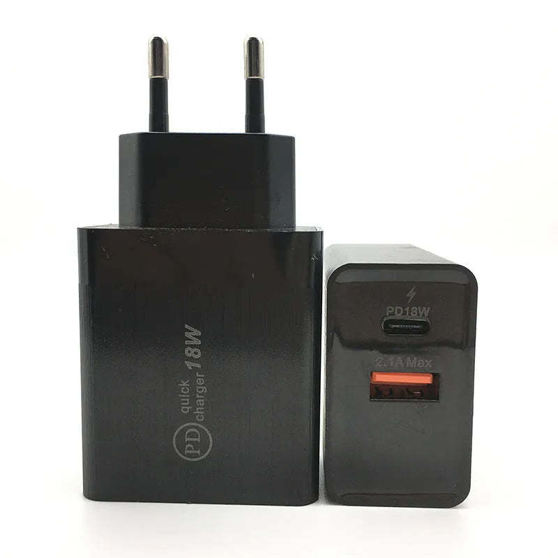 Black and white 18W USB-C PD fast wall charger with US and EU plug options.