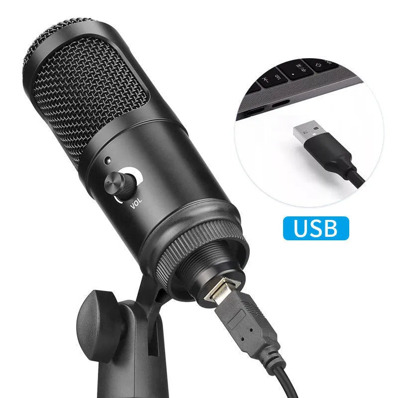 Black AK-6 condenser microphone with USB connection for computer streaming and recording