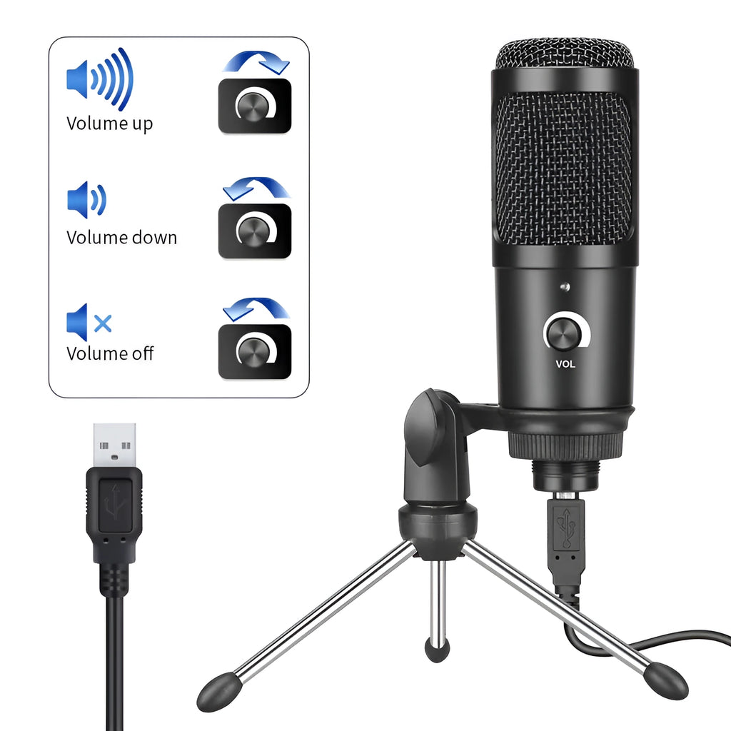 Black AK-6 condenser microphone with USB connection for computer streaming and recording