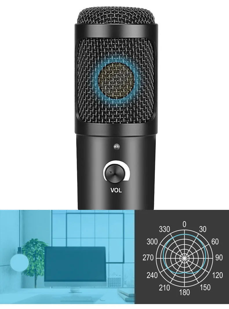 Black AK-6 condenser microphone with USB connection for computer streaming and recording