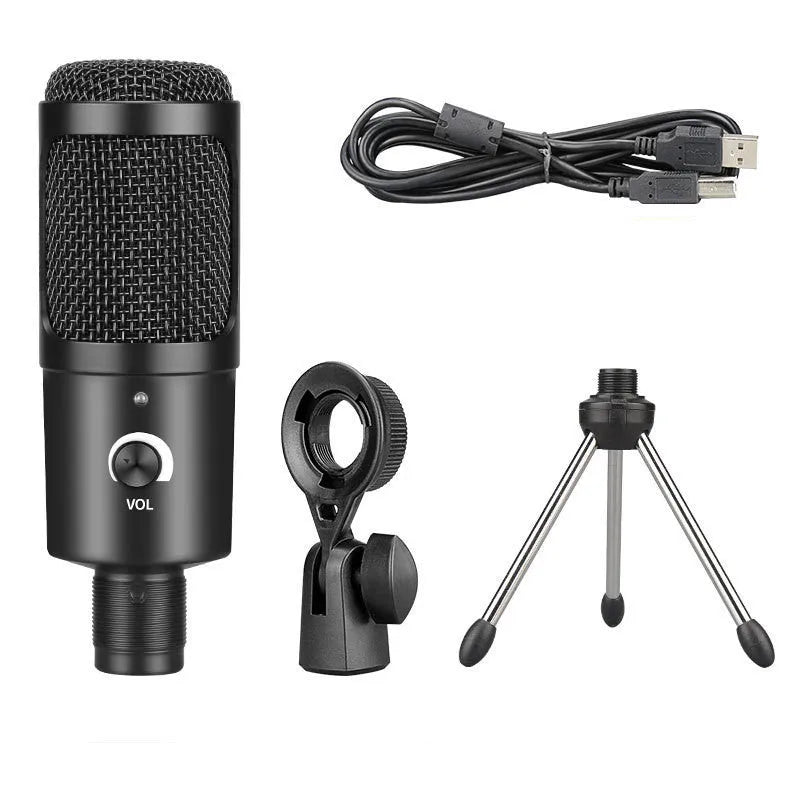 Black AK-6 condenser microphone with USB connection for computer streaming and recording