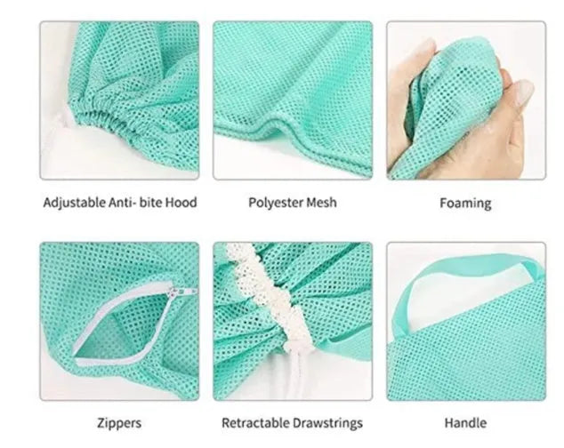 Cat washing bag for bathing and grooming, available in blue, grey and pink, with one bag included.