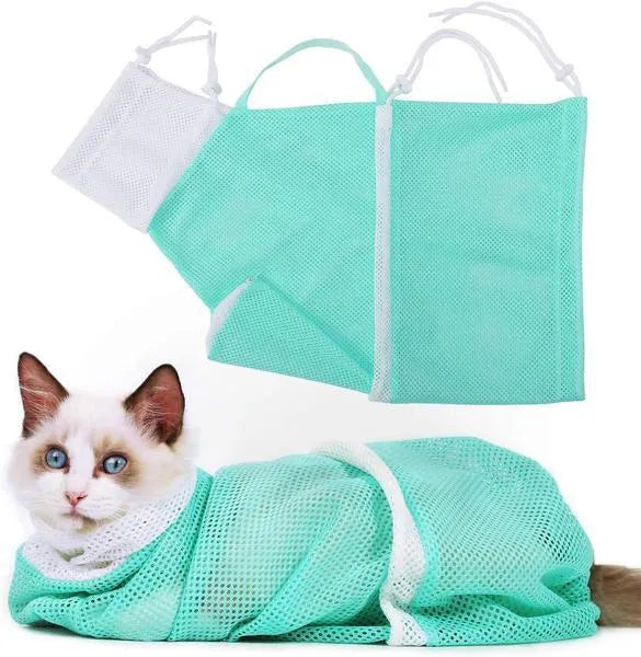 Cat washing bag for bathing and grooming, available in blue, grey and pink, with one bag included.