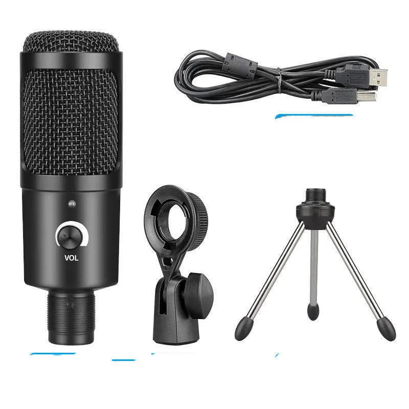 Black wireless condenser microphone with heart-shaped pattern and included bracket for desktop recording