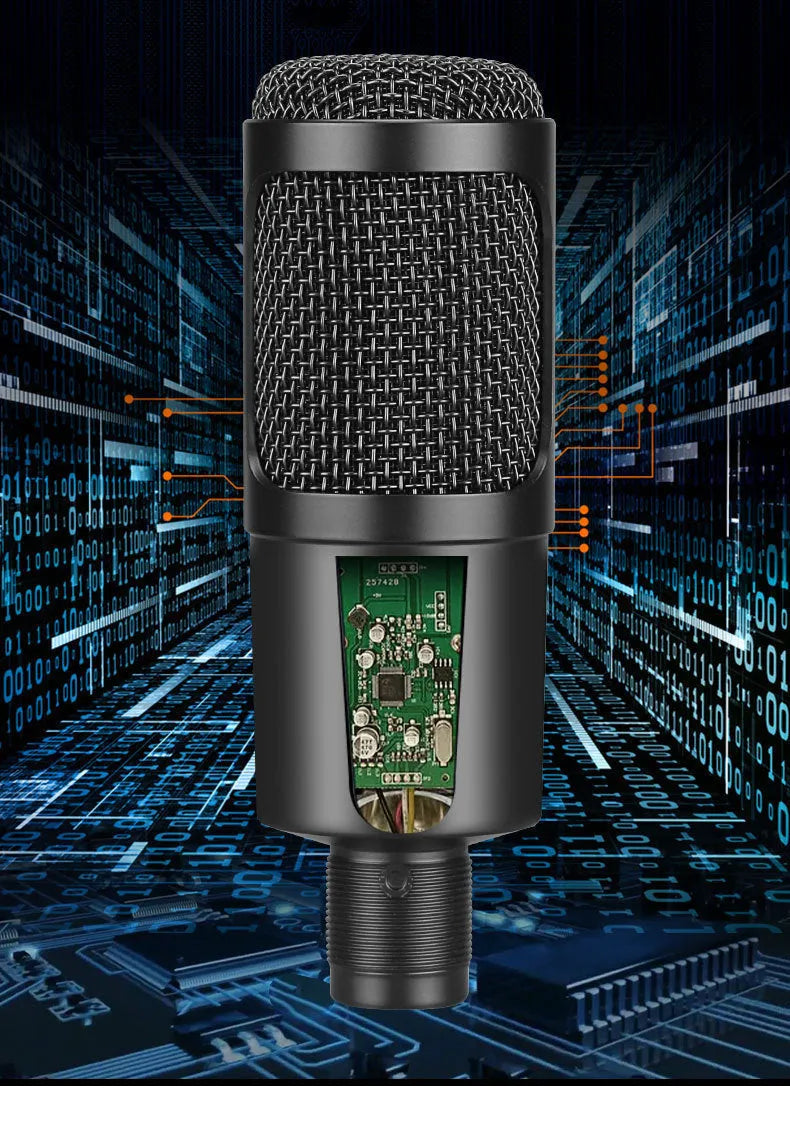 Black wireless condenser microphone with heart-shaped pattern and included bracket for desktop recording