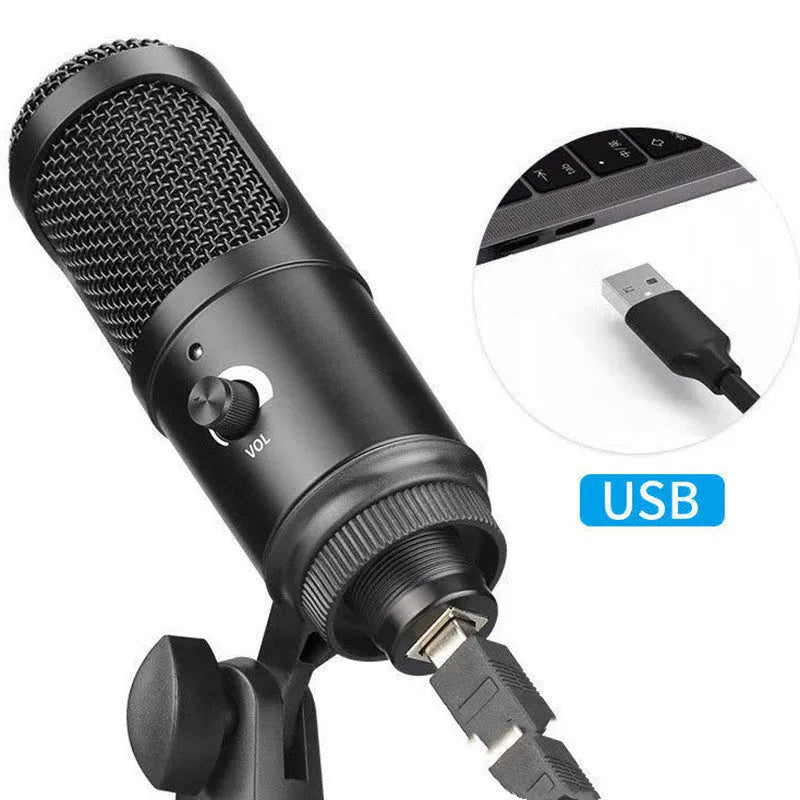 Black wireless condenser microphone with heart-shaped pattern and included bracket for desktop recording