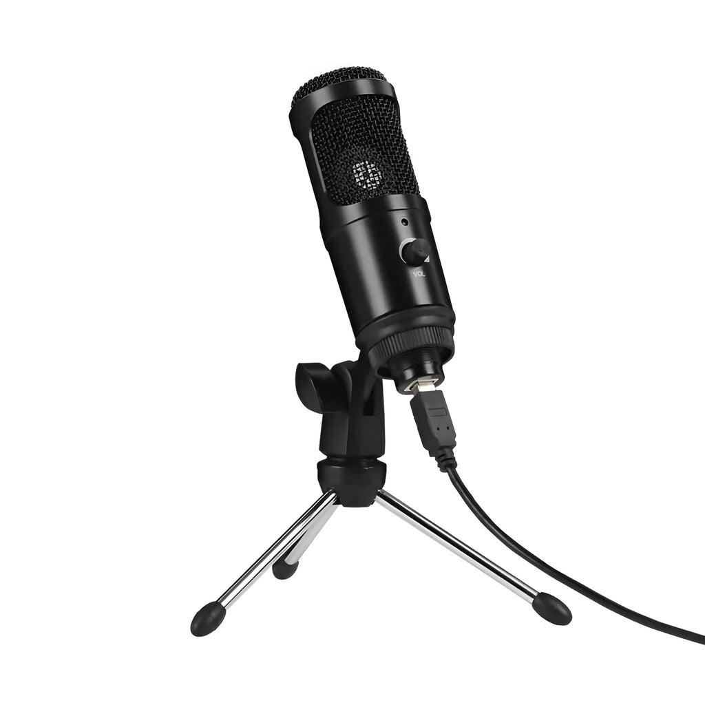 Black wireless condenser microphone with heart-shaped pattern and included bracket for desktop recording