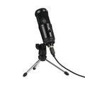 Black wireless condenser microphone with heart-shaped pattern and included bracket for desktop recording