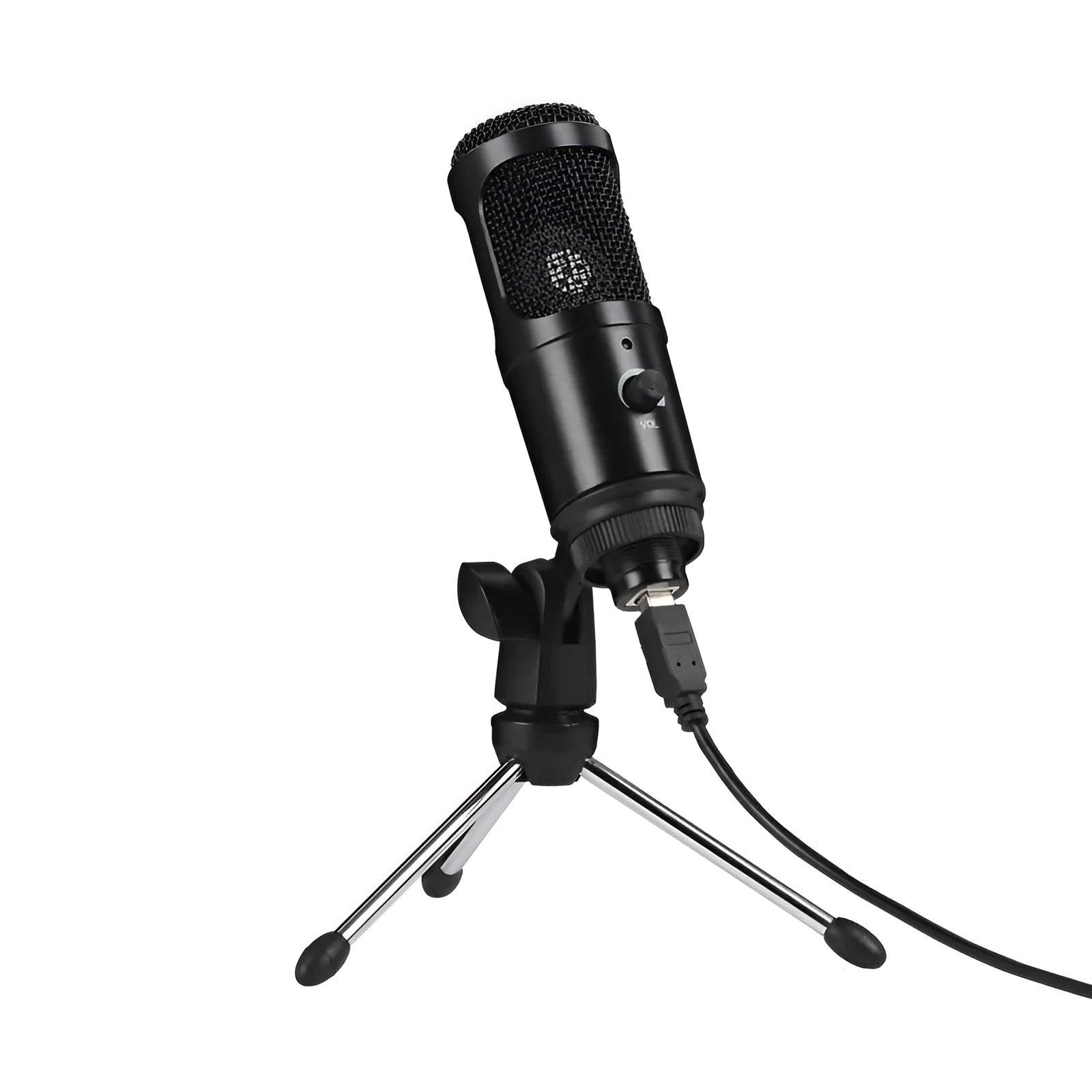 Black wireless condenser microphone with heart-shaped pattern and included bracket for desktop recording