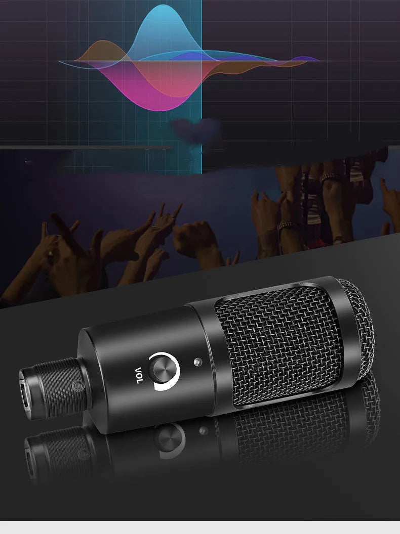 Black wireless condenser microphone with heart-shaped pattern and included bracket for desktop recording